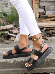 Women Double Strap Flat Sandals, Fashion Black Slingback Sandals - Black - View 4