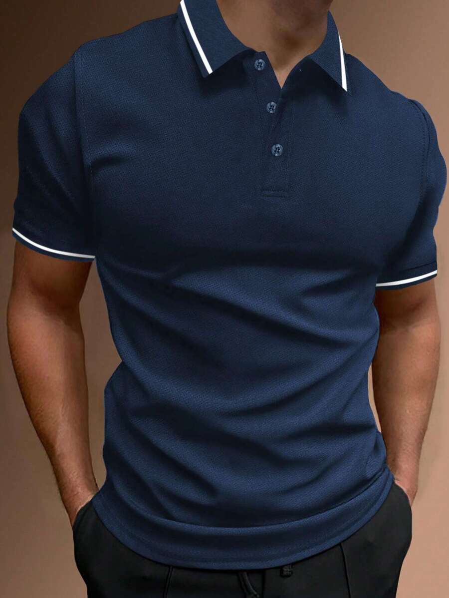 Manfinity Homme 男式单条纹装饰四分之一纽扣工作休闲 Polo 衫，男友礼物 - 藏蓝色 - 查看 1