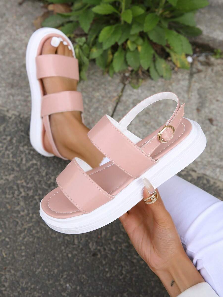 Women Double Strap Flat Sandals, Fashion Pink Slingback Sandals - Pink - View 1