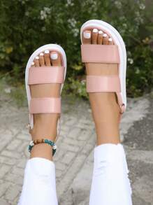 Women Double Strap Flat Sandals, Fashion Pink Slingback Sandals - Pink - View 2