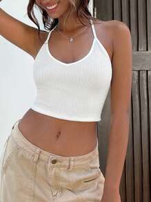 SHEIN EZwear Áo khoác và áo lót dành cho xe tăng nữ Lộ Lưng màu trơn Giải trí - trắng - Xem 5