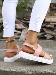 Women Double Strap Flat Sandals, Fashion Pink Slingback Sandals - Pink - View 3