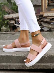 Women Double Strap Flat Sandals, Fashion Pink Slingback Sandals - Pink - View 4