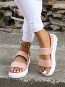 Women Double Strap Flat Sandals, Fashion Pink Slingback Sandals - Pink - View 5