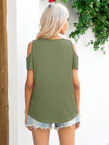 DEARCASE Áo thun nữ Cắt ra màu trơn Giải trí - Màu xanh Ô liu - Xem 2