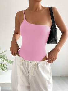 SHEIN EZwear Solid One Shoulder Bodysuit - Pink - View 1