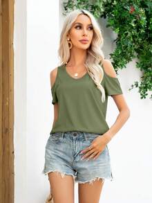 DEARCASE Áo thun nữ Cắt ra màu trơn Giải trí - Màu xanh Ô liu - Xem 5