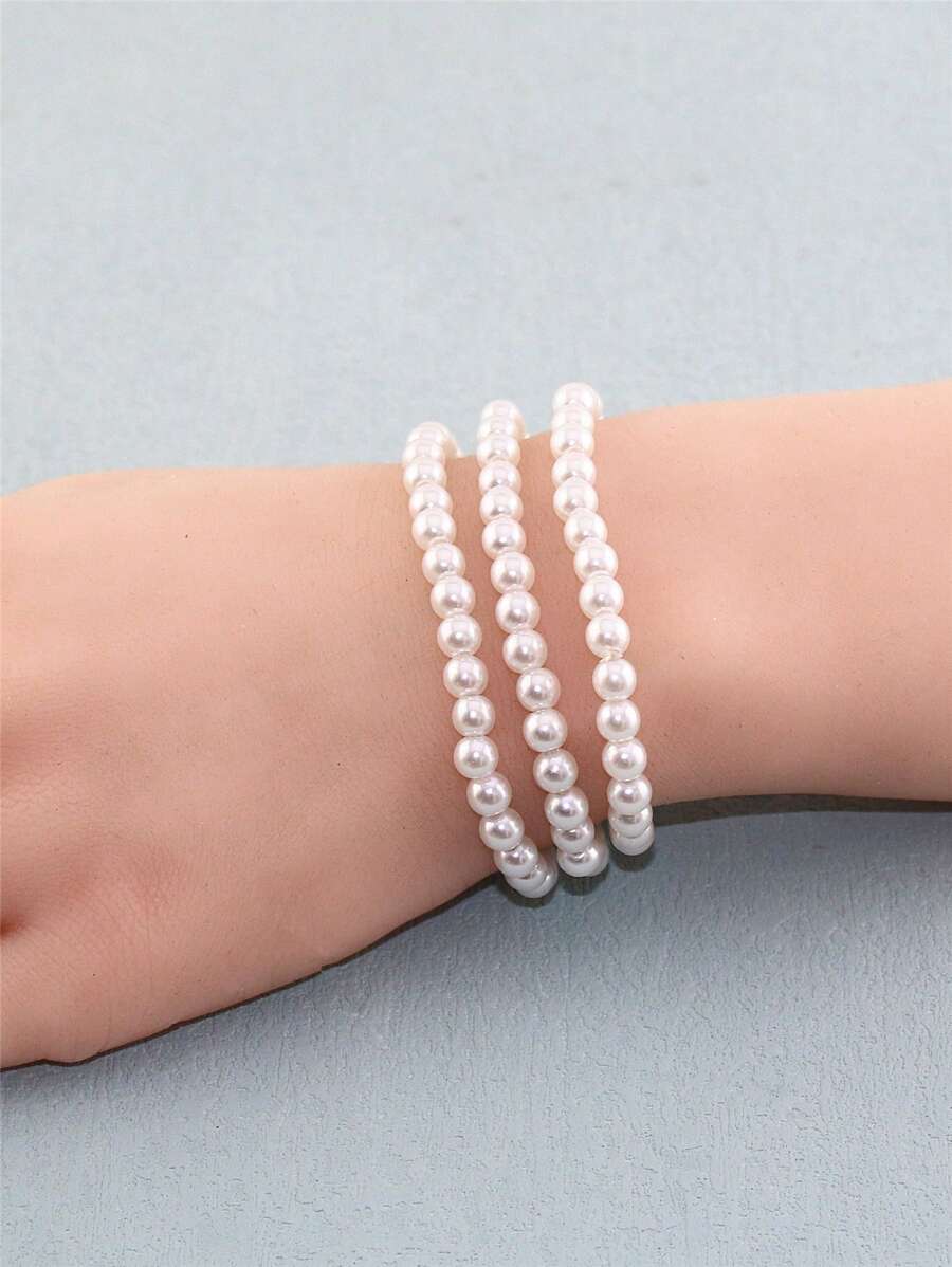 3 cái/bộ Vòng Tay Đính Hạt Ngọc Trai Giả - trắng - Xem 1