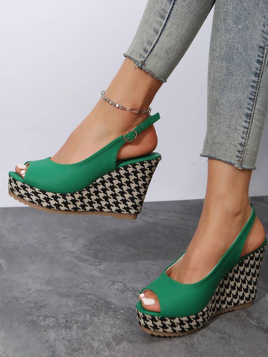 Women Peep Toe Slingback Shoes, Vacation Green Outdoor Court Wedges - Green - View 1