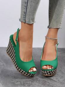 Women Peep Toe Slingback Shoes, Vacation Green Outdoor Court Wedges - Green - View 3