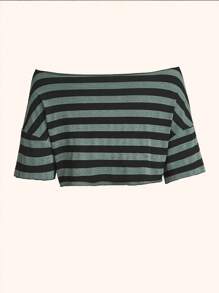 ROMWE Fairycore Áo thun nữ Sọc Giải trí - màu xanh lá - Xem 2