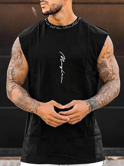 Manfinity Homme Men Letter Graphic Casual Sleeveless Tank Top, For Workout, Husband Muscle Teemuscle Shirt For Mengym Top Menmuscle Shirt