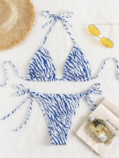 SHEIN Swim 夏季海滩斑马条纹褶饰比基尼套装吊带三角胸罩和系带侧比基尼泳裤 2 件套比基尼