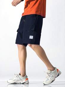 Chillumni Lỏng lẻo phù hợp Nam Thư được vá Quần short Nổi bật Flap túi Và Eo dây rút - Màu xanh hải quân - Xem 3