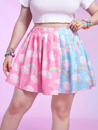 Kawaii Plus Colorblock Rainbow & Cloud Print Pleated Skirt