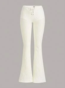 SHEIN ICON Lace Up Front Flare Leg Pants - White - View 1