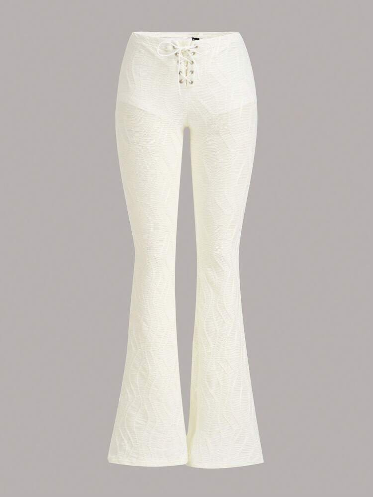 SHEIN ICON Lace Up Front Flare Leg Pants - White - View 1