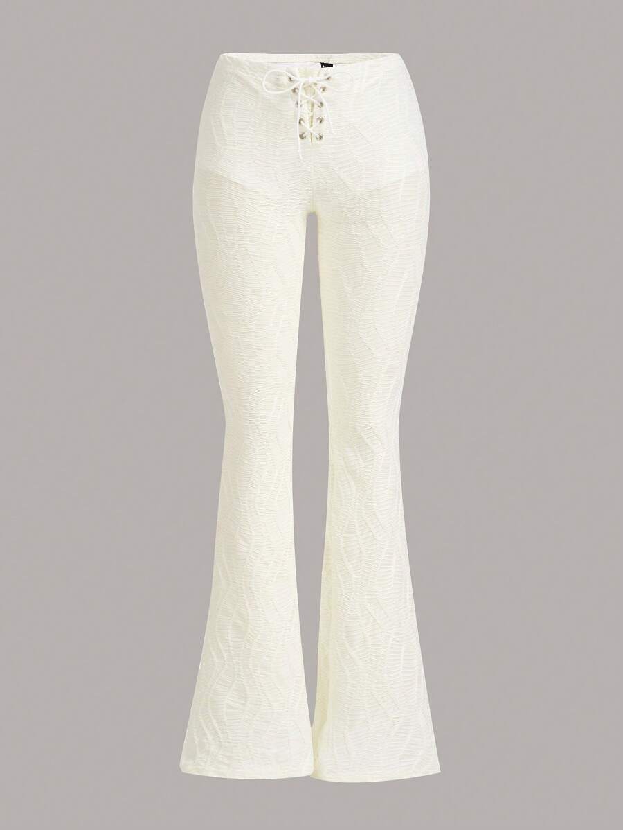 SHEIN ICON Lace Up Front Flare Leg Pants - White - View 1