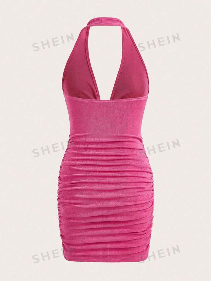 SHEIN ICON Tie Front Cut Out Halter Neck Backless Ruched Bodycon 
