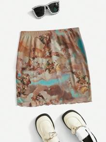 SHEIN Coolane 人像圖案木耳邊網紗半身裙