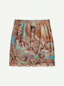 SHEIN Coolane 人像圖案木耳邊網紗半身裙