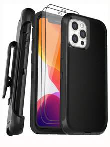 1pc Anti-fall Phone Case With Holder & 2pcs Tempered Phone Screen Protector & 2pcs Lens Protector Compatible With iPhone15/15Plus/15Pro/15Promax - Black - View 1