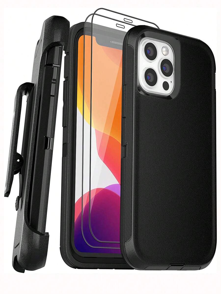1pc Anti-fall Phone Case With Holder & 2pcs Tempered Phone Screen Protector & 2pcs Lens Protector Compatible With iPhone15/15Plus/15Pro/15Promax - Black - View 1