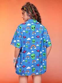 ThisUniqueVibe Kawaii Áo sơ mi nữ Nút phía trước Hoạt hình Tất cả trên in Giải trí - Màu xanh lam - Xem 2