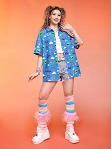 ThisUniqueVibe Kawaii Áo sơ mi nữ Nút phía trước Hoạt hình Tất cả trên in Giải trí - Màu xanh lam - Xem 3