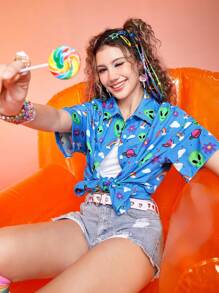 ThisUniqueVibe Kawaii Áo sơ mi nữ Nút phía trước Hoạt hình Tất cả trên in Giải trí - Màu xanh lam - Xem 5