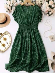SHEIN Clasi 大碼波點圖案蝴蝶袖洋裝 - 綠色 - 查看 1