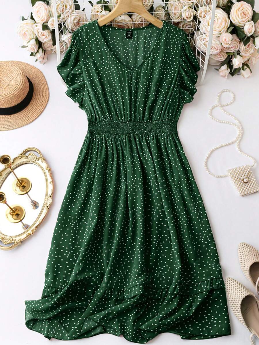 SHEIN Clasi 大碼波點圖案蝴蝶袖洋裝 - 綠色 - 查看 1
