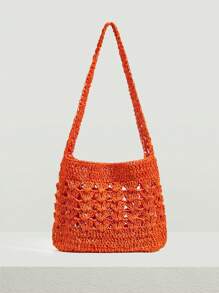 SHEIN VCAY 大鉤針編織袋休閒橘色鏤空敞口單肩包適用於度假 - 橘色 - 查看 4