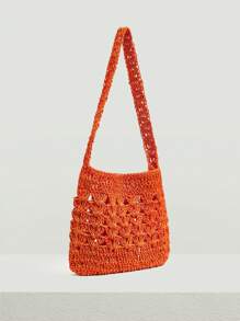 SHEIN VCAY 大鉤針編織袋休閒橘色鏤空敞口單肩包適用於度假 - 橘色 - 查看 5