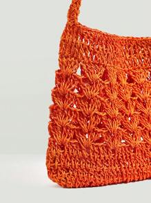 SHEIN VCAY 大鉤針編織袋休閒橘色鏤空敞口單肩包適用於度假 - 橘色 - 查看 6