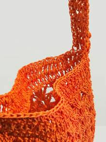 SHEIN VCAY 大鉤針編織袋休閒橘色鏤空敞口單肩包適用於度假 - 橘色 - 查看 7