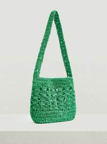 SHEIN VCAY 大鉤針編織袋休閒綠色鏤空敞口單肩包適用於度假 - 綠色 - 查看 5
