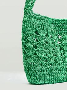 SHEIN VCAY 大鉤針編織袋休閒綠色鏤空敞口單肩包適用於度假 - 綠色 - 查看 7