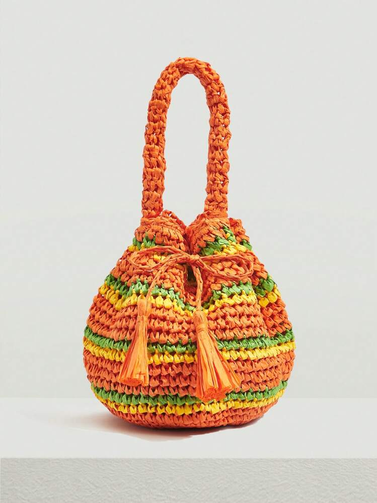 SHEIN VCAY Bolso de ganchillo de color combinado con diseño de fleco vacación para verano - Naranja - Ver 4