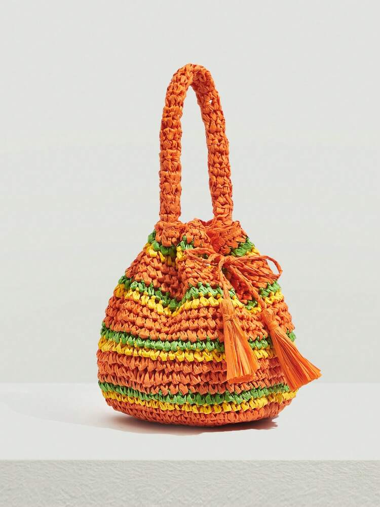 SHEIN VCAY Bolso de ganchillo de color combinado con diseño de fleco vacación para verano - Naranja - Ver 7