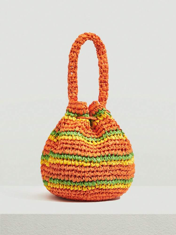 SHEIN VCAY Bolso de ganchillo de color combinado con diseño de fleco vacación para verano - Naranja - Ver 5