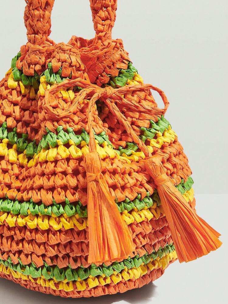 SHEIN VCAY Bolso de ganchillo de color combinado con diseño de fleco vacación para verano - Naranja - Ver 8