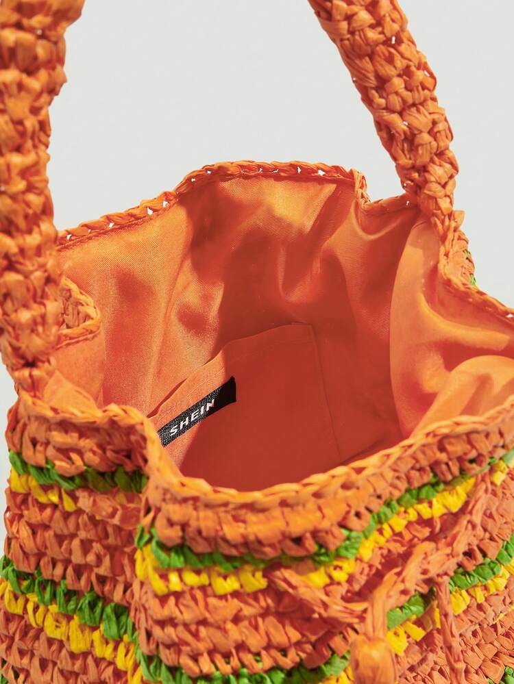 SHEIN VCAY Bolso de ganchillo de color combinado con diseño de fleco vacación para verano - Naranja - Ver 6
