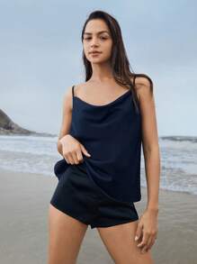 Ocili Áo ngủ Cami màu đen mượt mà - Màu xanh hải quân - Xem 5
