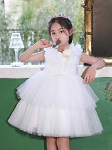 年轻女孩薄纱派对礼服，优雅公主裙适合复活节、婚礼、生日、宴会、舞会、花童、节日庆典 - 白色 - 查看 1