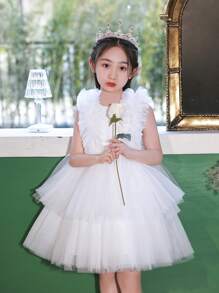 年轻女孩薄纱派对礼服，优雅公主裙适合复活节、婚礼、生日、宴会、舞会、花童、节日庆典 - 白色 - 查看 3