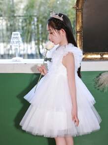 年轻女孩薄纱派对礼服，优雅公主裙适合复活节、婚礼、生日、宴会、舞会、花童、节日庆典 - 白色 - 查看 4