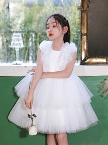 年轻女孩薄纱派对礼服，优雅公主裙适合复活节、婚礼、生日、宴会、舞会、花童、节日庆典 - 白色 - 查看 6