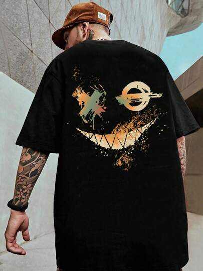 Manfinity LEGND Plusstorlek Herr Uttryck Grafiskt Tryck Nedsänkt Axel Kortärmad T-shirt, För Utekvällar Streetwear Svart Grafisk T-shirts Svart Grafisk Skjorta Herr Grafisk T-shirt