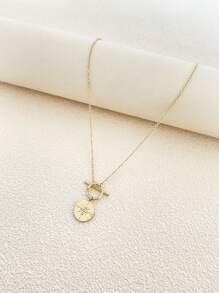 1入組時尚不銹鋼水鑽裝飾圓形吊墜項鍊適合女士日常裝飾 - 金色 - 查看 1